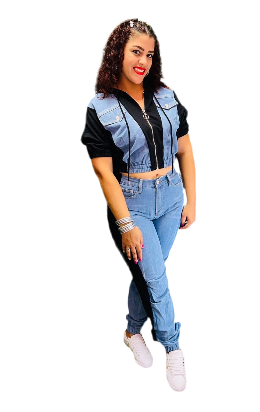 Two Pieces Set insert denim on top and pant D-981-C