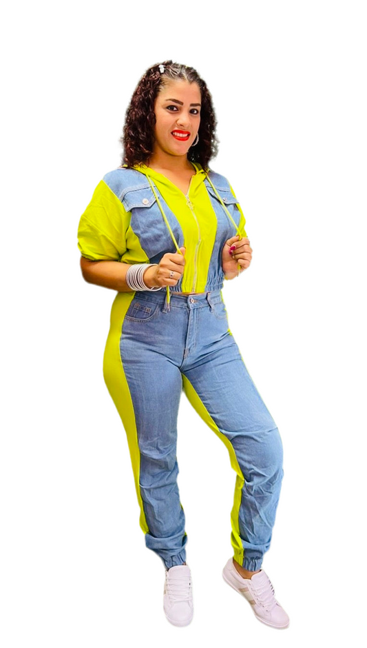 Two Pieces Set insert denim on top and pant D-981-C